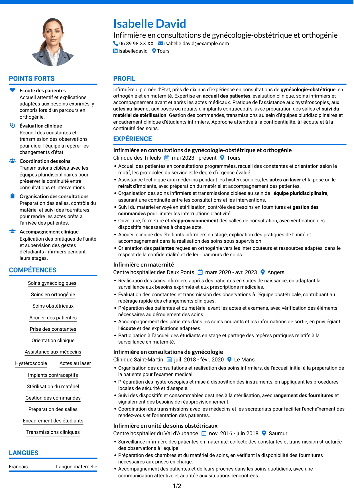 CV Audacieux (format à deux colonnes avec accents colorés et photo) : Infirmière en consultations de gynécologie-obstétrique et orthogénie, page 1
