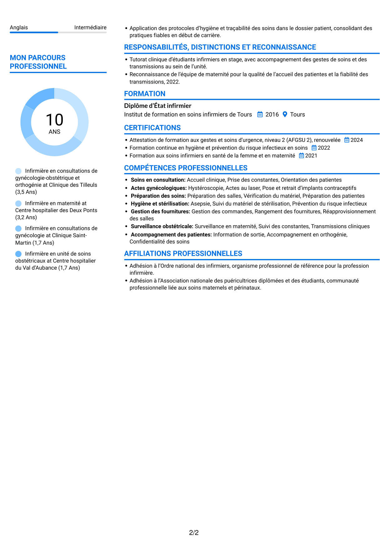 CV Audacieux (format à deux colonnes avec accents colorés et photo) : Infirmière en consultations de gynécologie-obstétrique et orthogénie, page 2