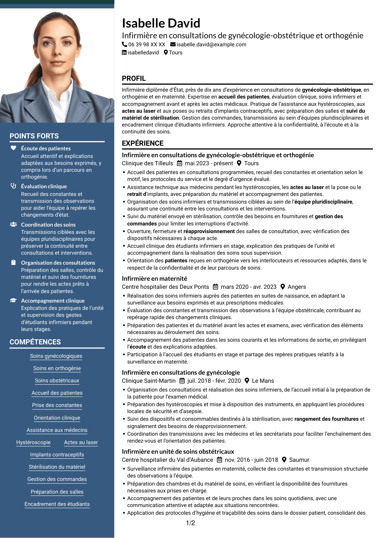 CV Signature (format à colonne latérale colorée avec grande photo) : Infirmière en consultations de gynécologie-obstétrique et orthogénie, page 1