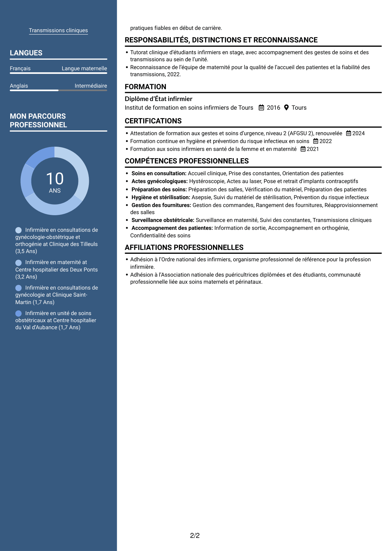 CV Signature (format à colonne latérale colorée avec grande photo) : Infirmière en consultations de gynécologie-obstétrique et orthogénie, page 2