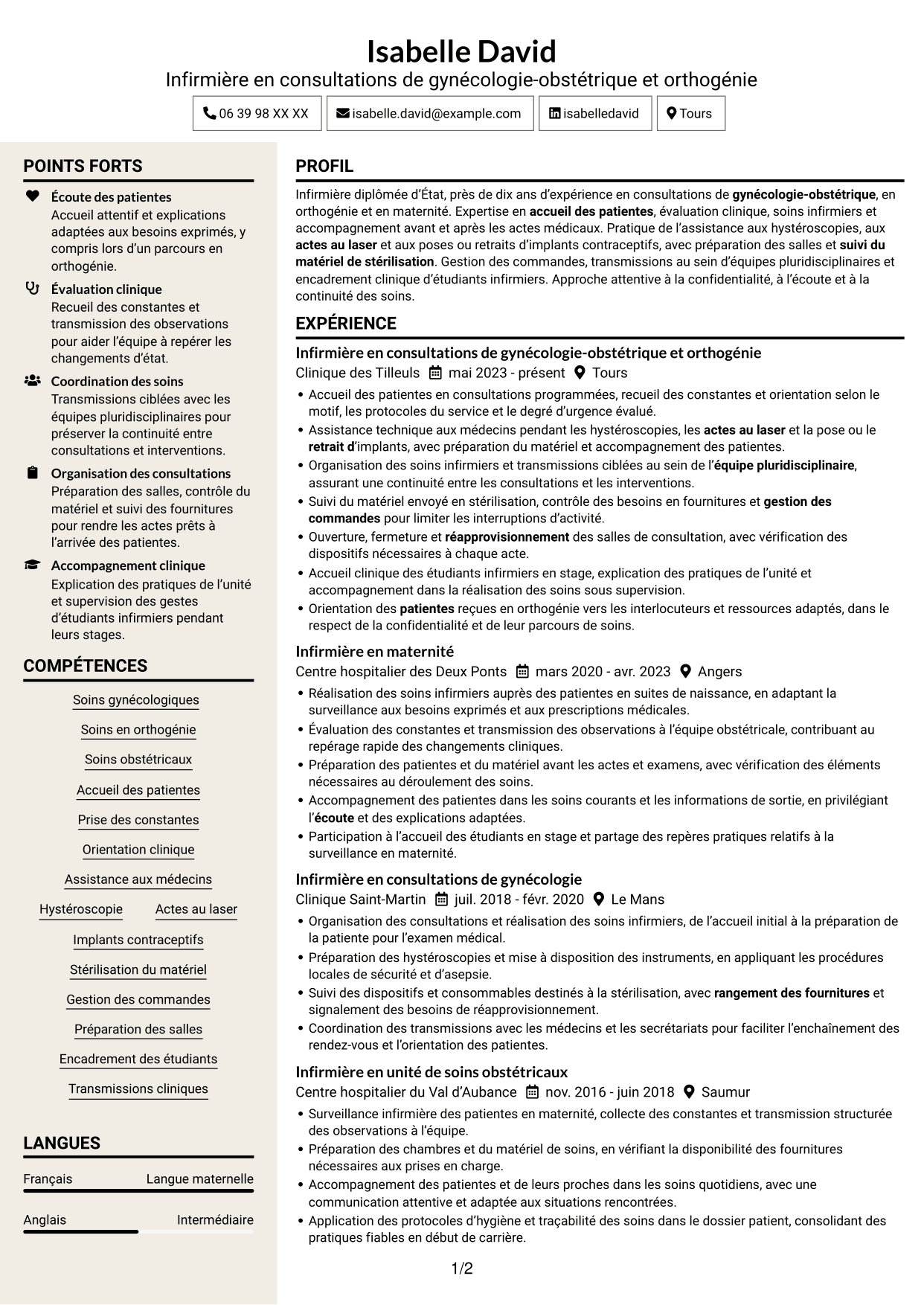 CV Fonceur (format à deux colonnes avec en-tête centré sans photo) : Infirmière en consultations de gynécologie-obstétrique et orthogénie, page 1