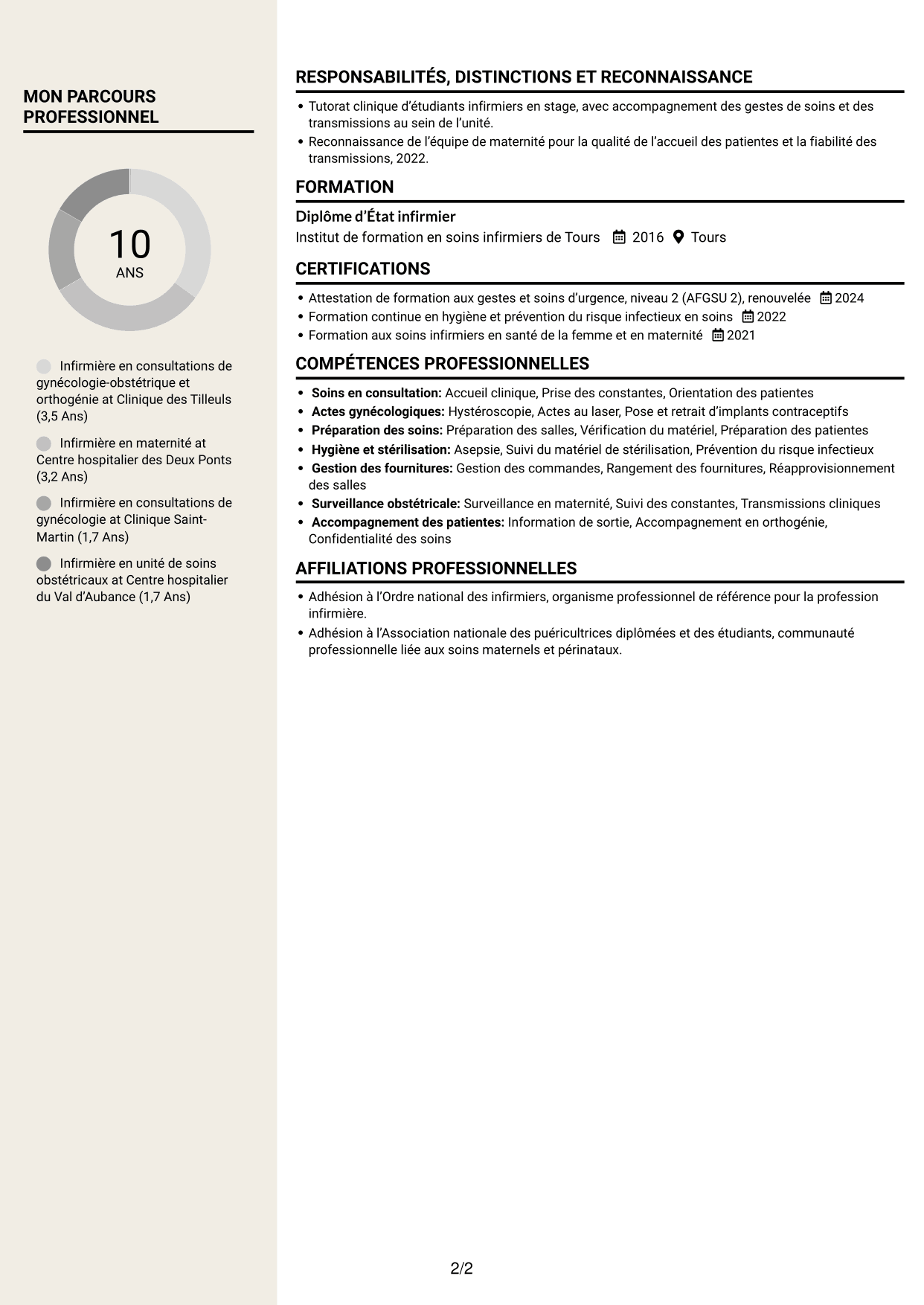 CV Fonceur (format à deux colonnes avec en-tête centré sans photo) : Infirmière en consultations de gynécologie-obstétrique et orthogénie, page 2
