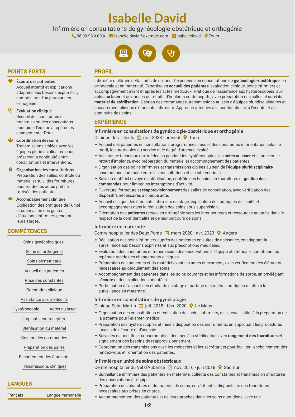 CV Dynamique (format à deux colonnes avec icônes) : Infirmière en consultations de gynécologie-obstétrique et orthogénie, page 1