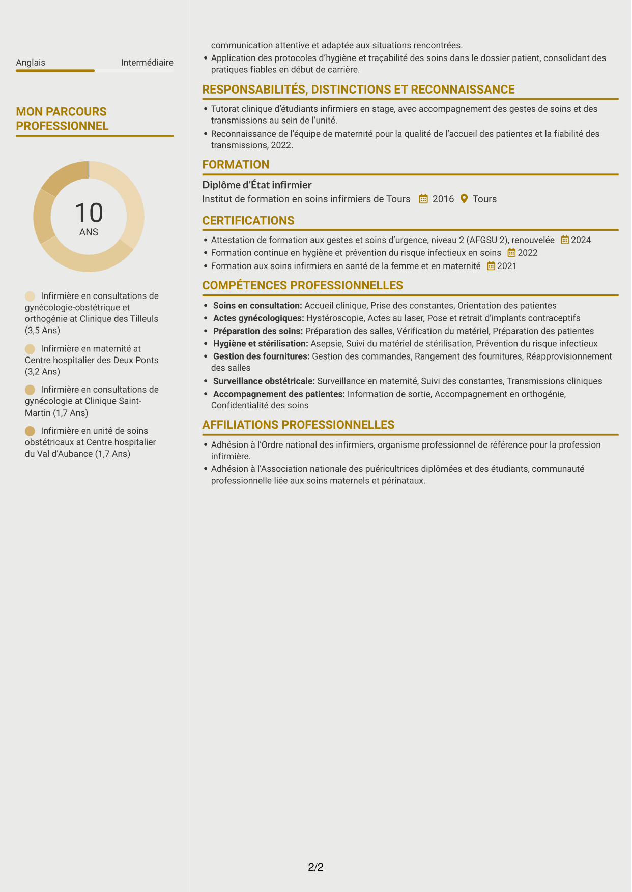 CV Dynamique (format à deux colonnes avec icônes) : Infirmière en consultations de gynécologie-obstétrique et orthogénie, page 2