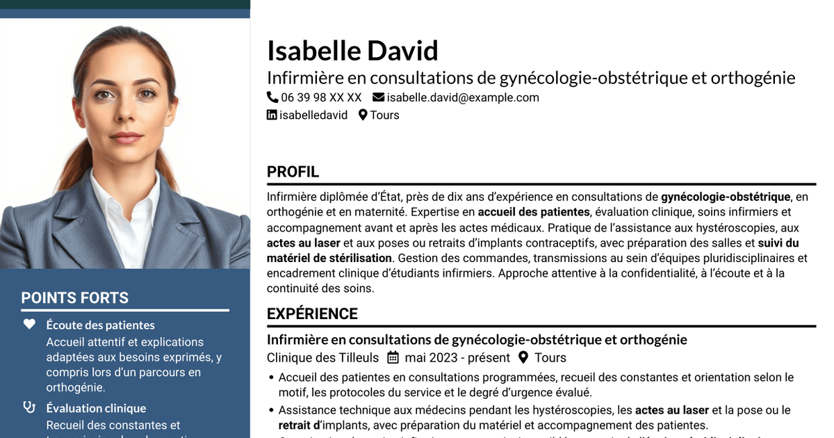 7 modèles de CV pour Infirmière en consultations de gynécologie-obstétrique et orthogénie, avec exemples