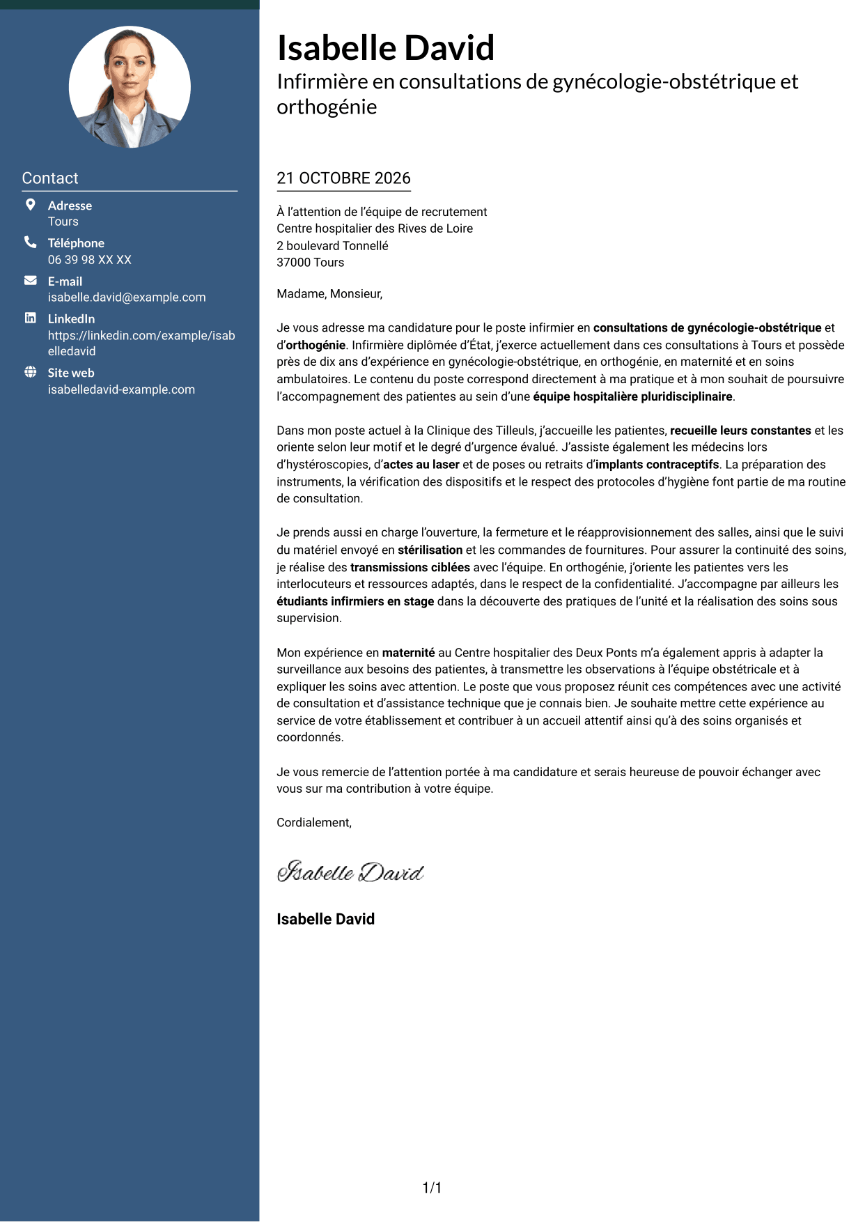 Lettre de motivation Élégant (format à colonne latérale colorée avec photo) : Infirmière en consultations de gynécologie-obstétrique et orthogénie, page 1