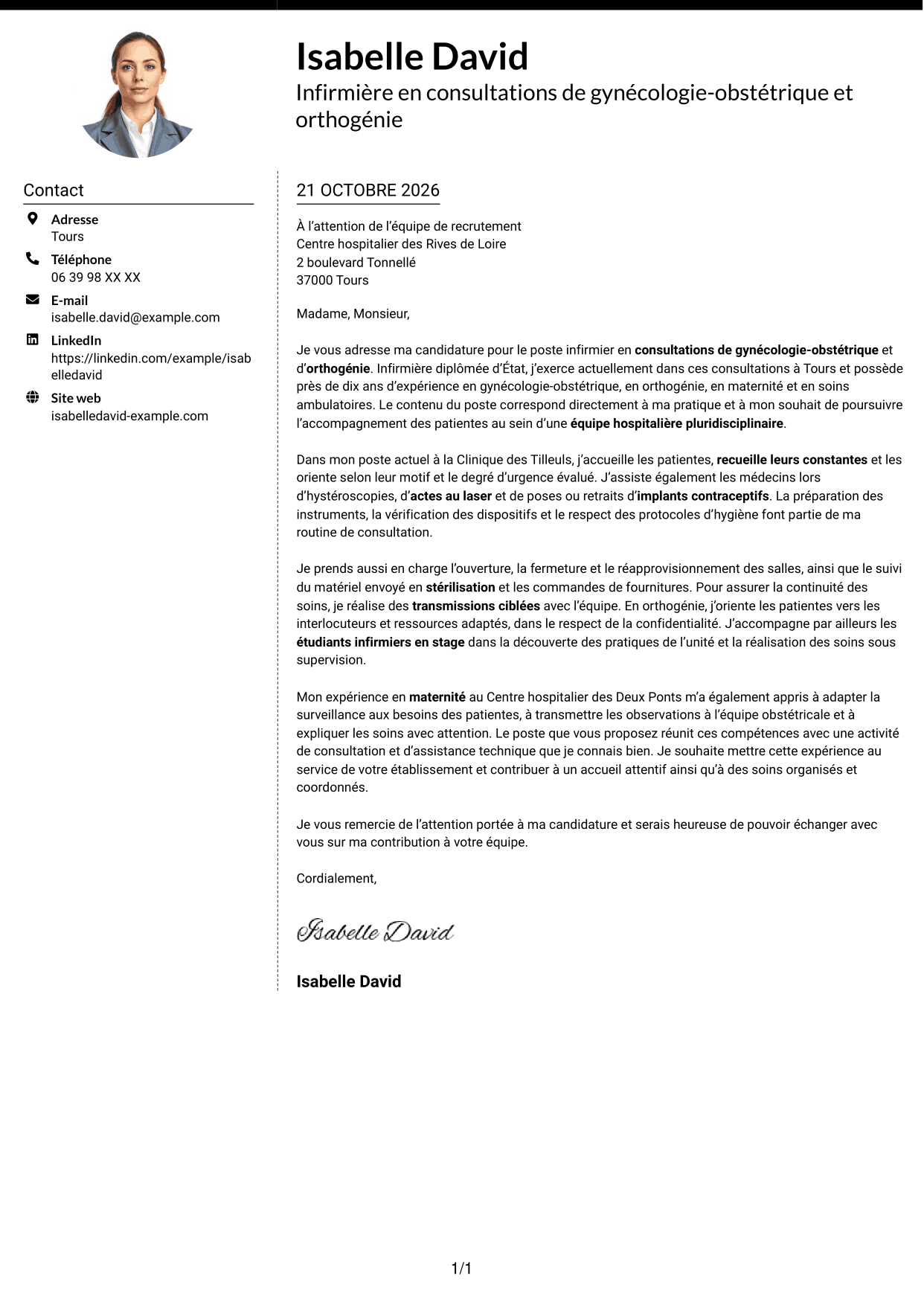 Lettre de motivation Moderne (format à deux colonnes avec photo à gauche et séparateur) : Infirmière en consultations de gynécologie-obstétrique et orthogénie, page 1