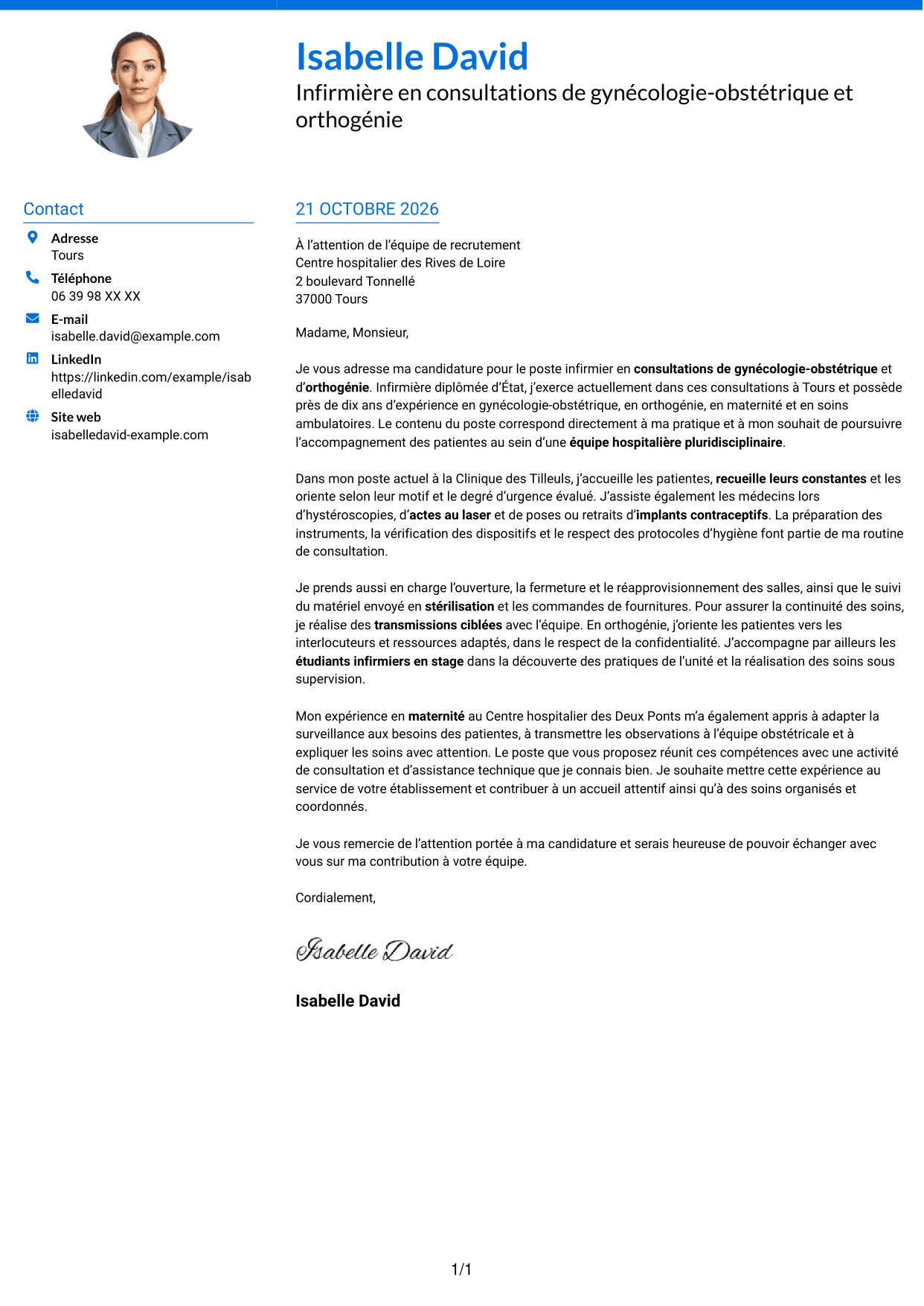 Lettre de motivation Audacieux (format à deux colonnes avec accents colorés et photo) : Infirmière en consultations de gynécologie-obstétrique et orthogénie, page 1