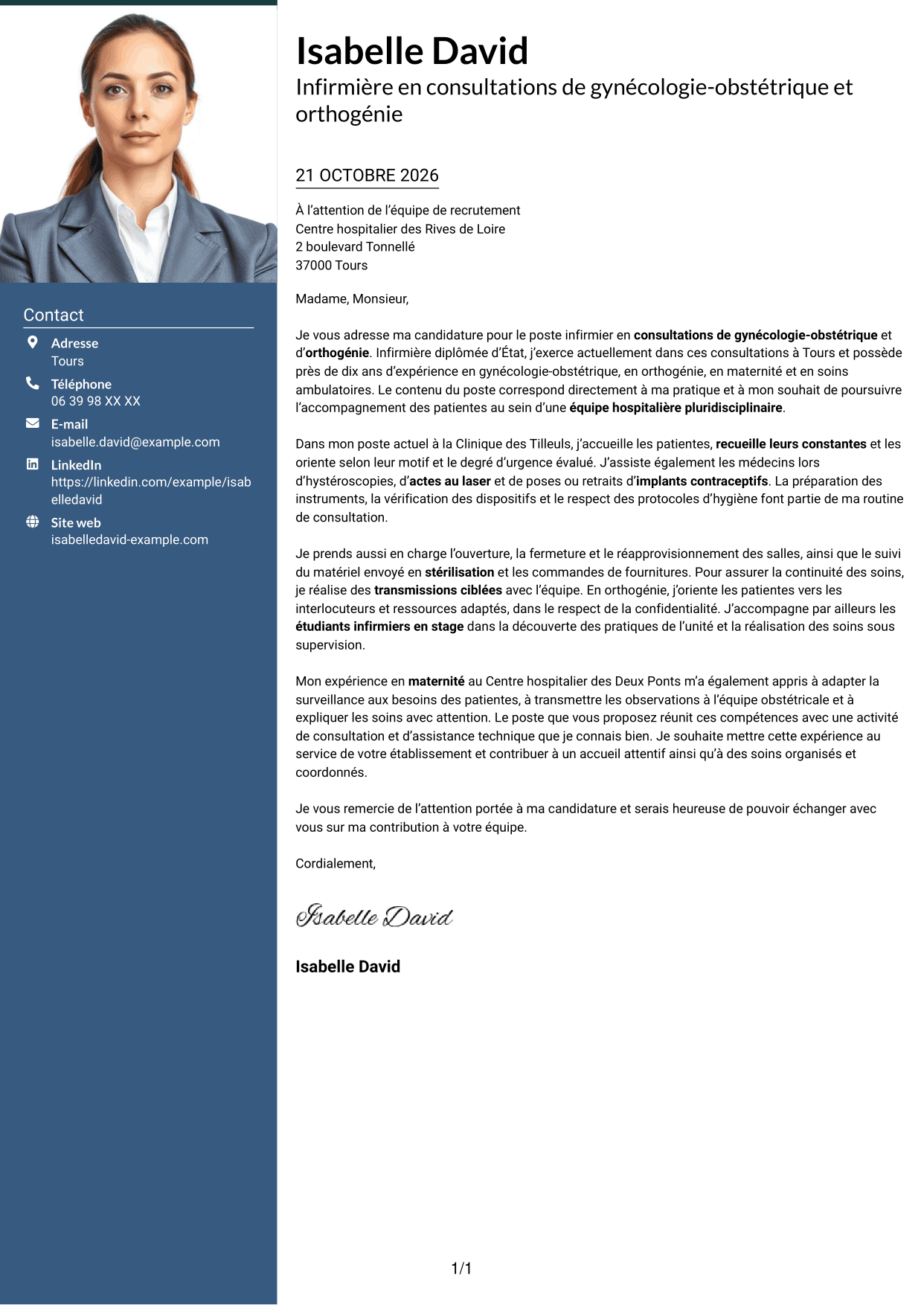 Lettre de motivation Signature (format à colonne latérale colorée avec grande photo) : Infirmière en consultations de gynécologie-obstétrique et orthogénie, page 1