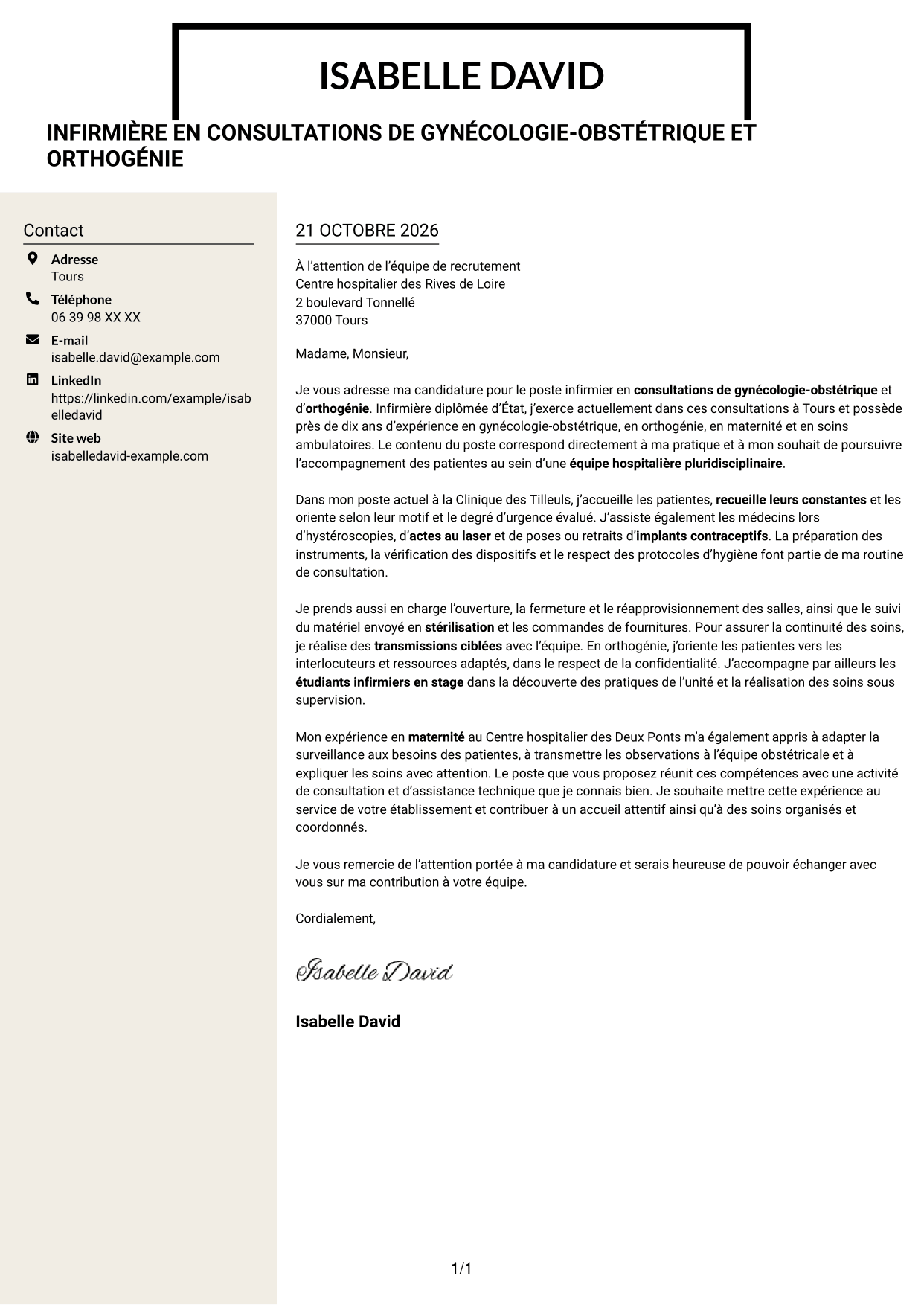 Lettre de motivation Fonceur (format à deux colonnes avec en-tête centré sans photo) : Infirmière en consultations de gynécologie-obstétrique et orthogénie, page 1
