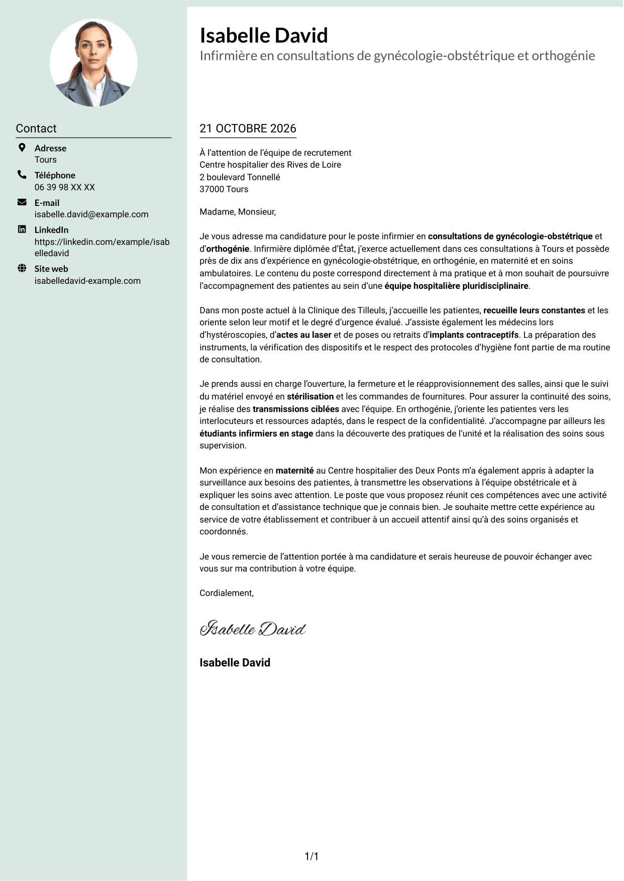 Lettre de motivation Cadre (format à colonne latérale douce avec photo arrondie) : Infirmière en consultations de gynécologie-obstétrique et orthogénie, page 1
