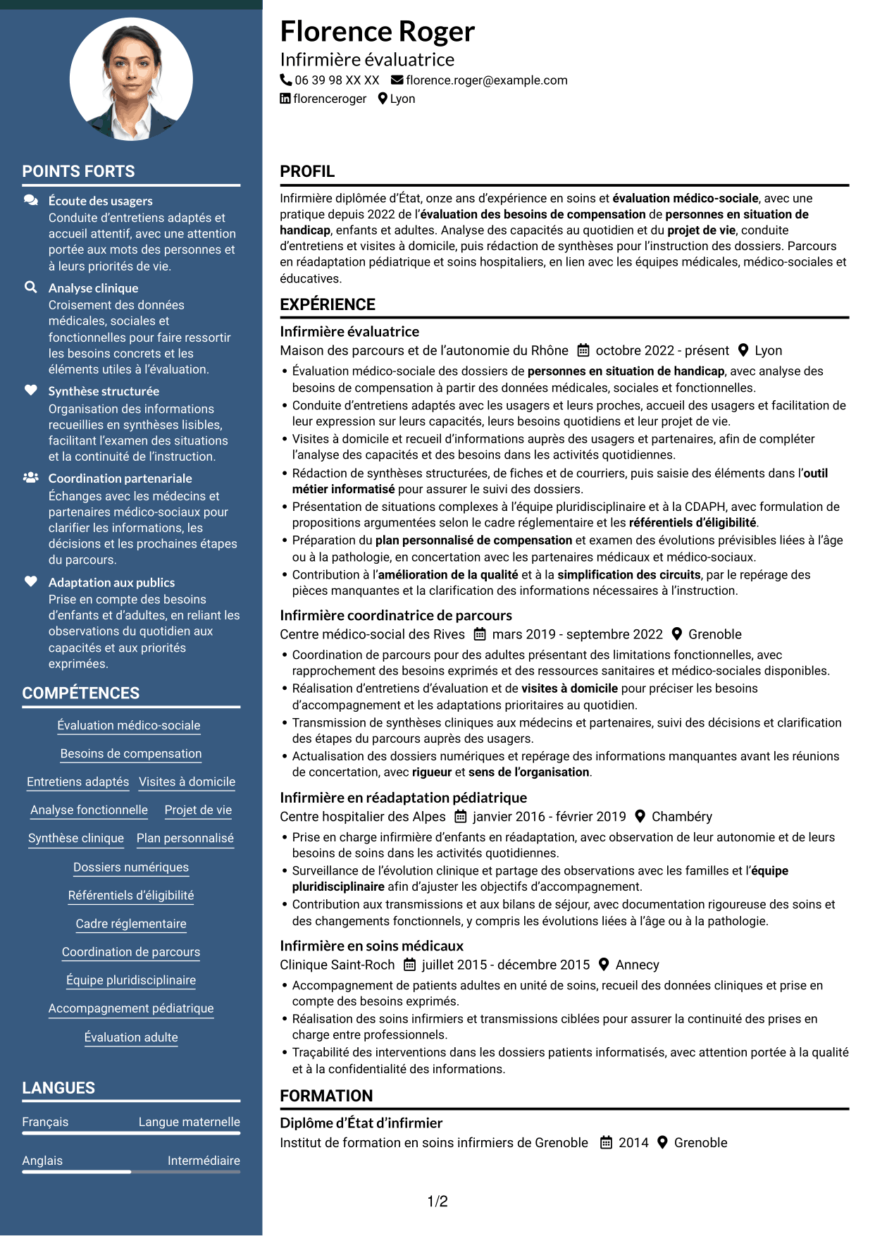 CV Élégant (format à colonne latérale colorée avec photo) : Infirmière évaluatrice - Évaluation des besoins de compensation, page 1