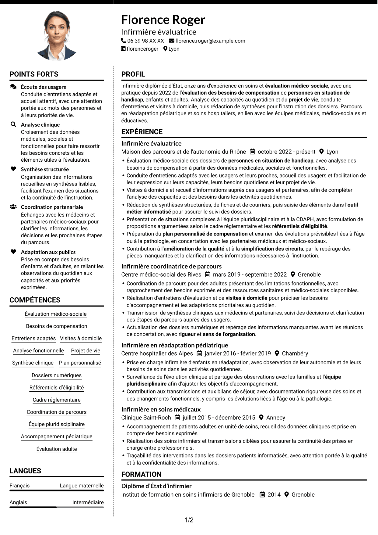 CV Moderne (format à deux colonnes avec photo à gauche et séparateur) : Infirmière évaluatrice - Évaluation des besoins de compensation, page 1