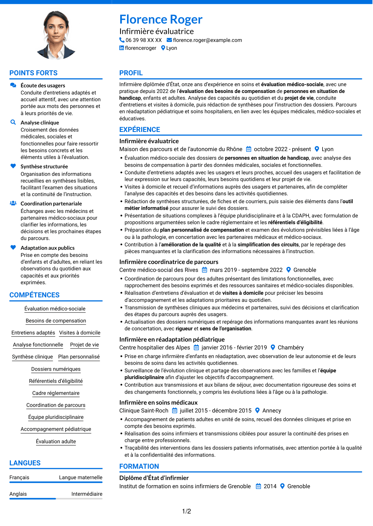 CV Audacieux (format à deux colonnes avec accents colorés et photo) : Infirmière évaluatrice - Évaluation des besoins de compensation, page 1