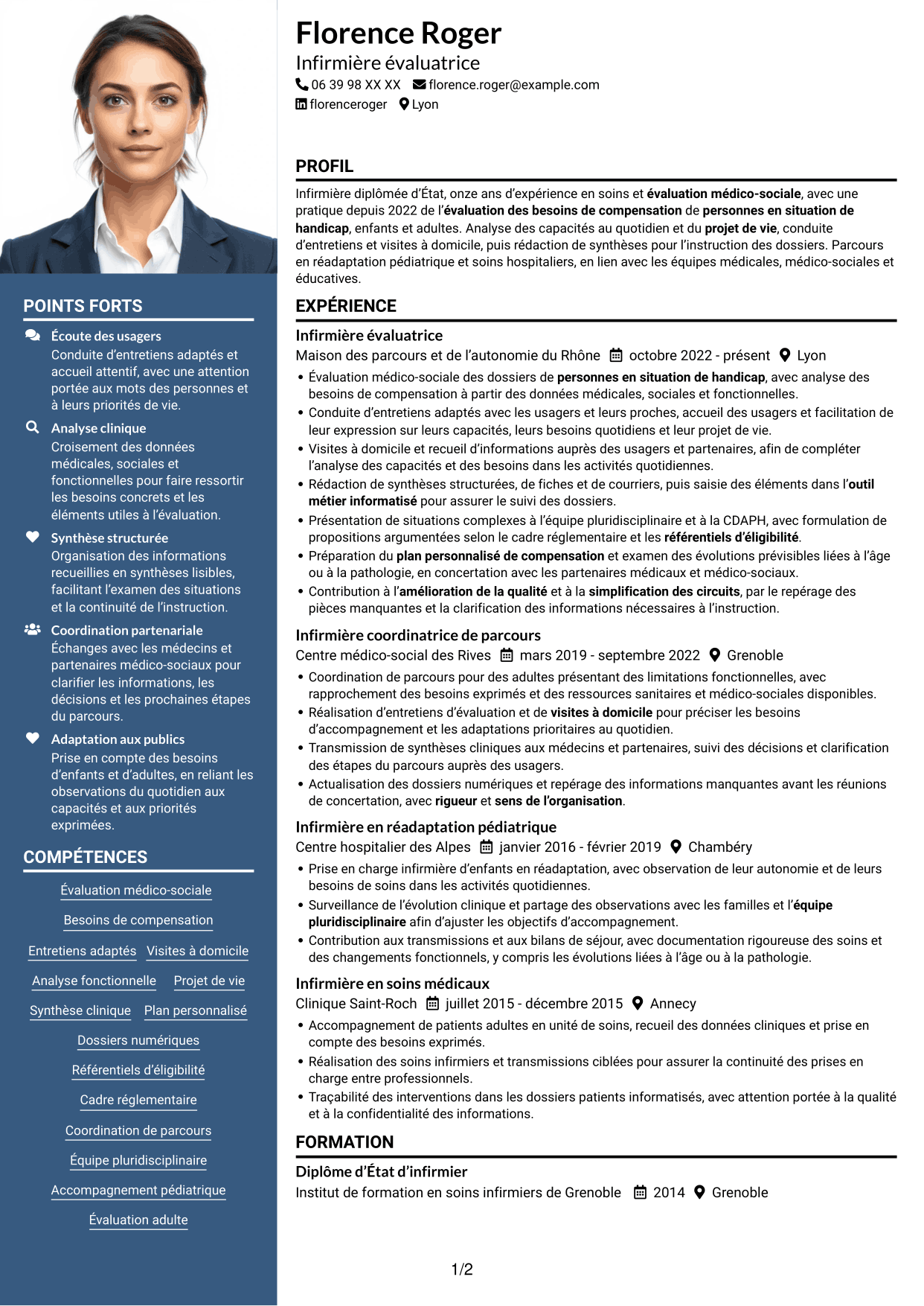 CV Signature (format à colonne latérale colorée avec grande photo) : Infirmière évaluatrice - Évaluation des besoins de compensation, page 1