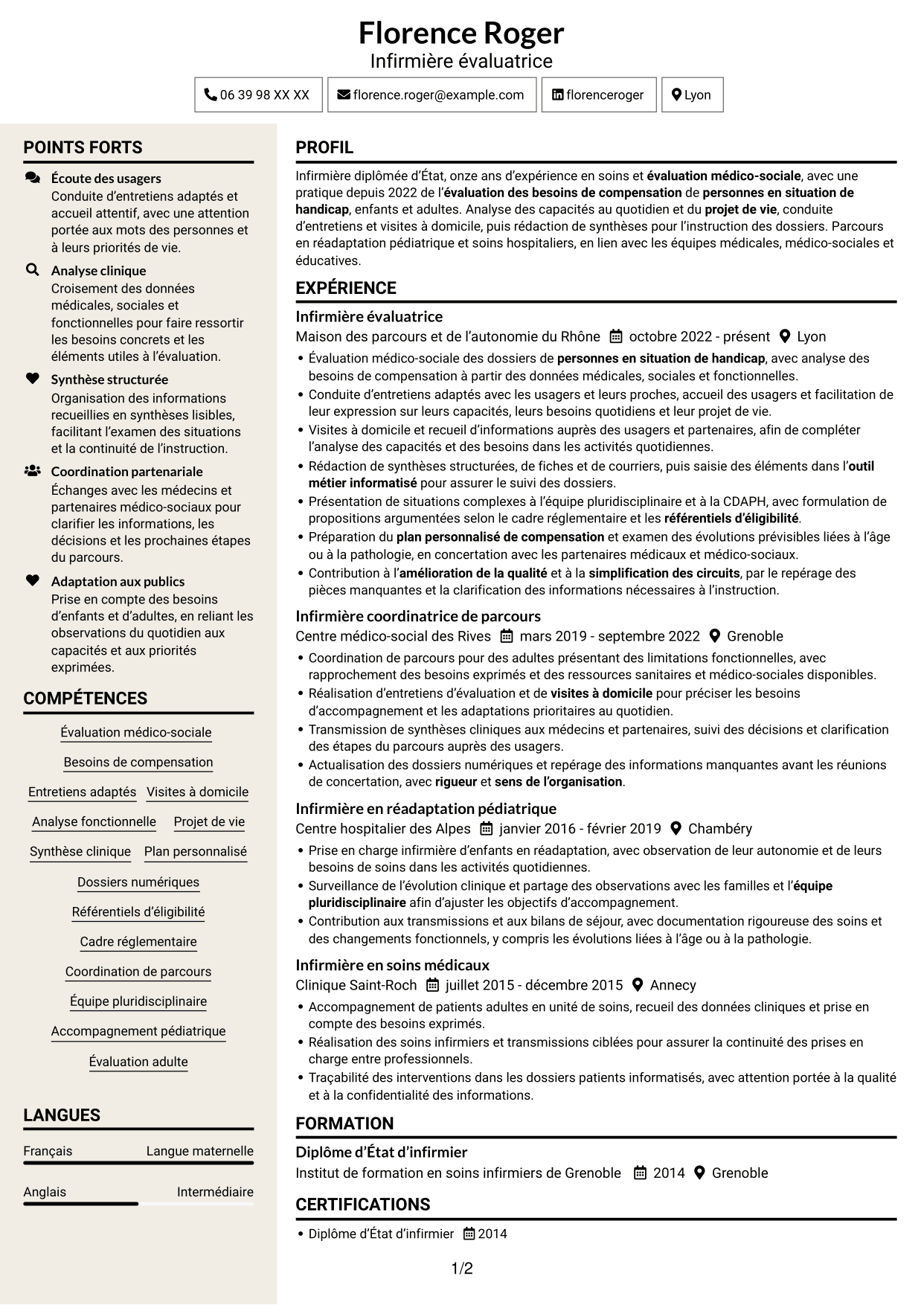 CV Fonceur (format à deux colonnes avec en-tête centré sans photo) : Infirmière évaluatrice - Évaluation des besoins de compensation, page 1