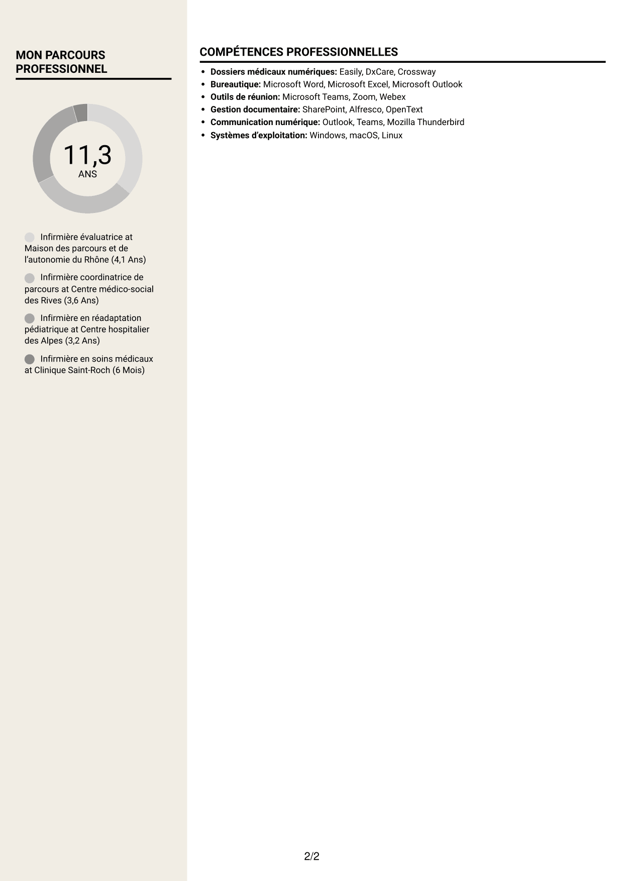 CV Fonceur (format à deux colonnes avec en-tête centré sans photo) : Infirmière évaluatrice - Évaluation des besoins de compensation, page 2