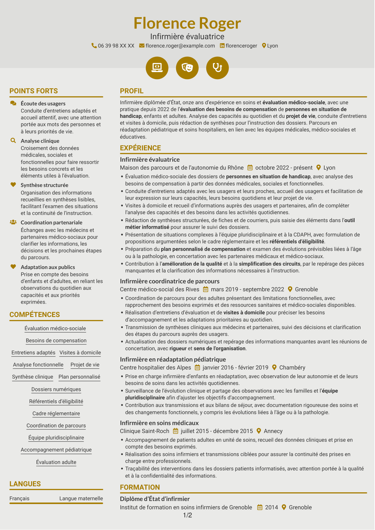 CV Dynamique (format à deux colonnes avec icônes) : Infirmière évaluatrice - Évaluation des besoins de compensation, page 1