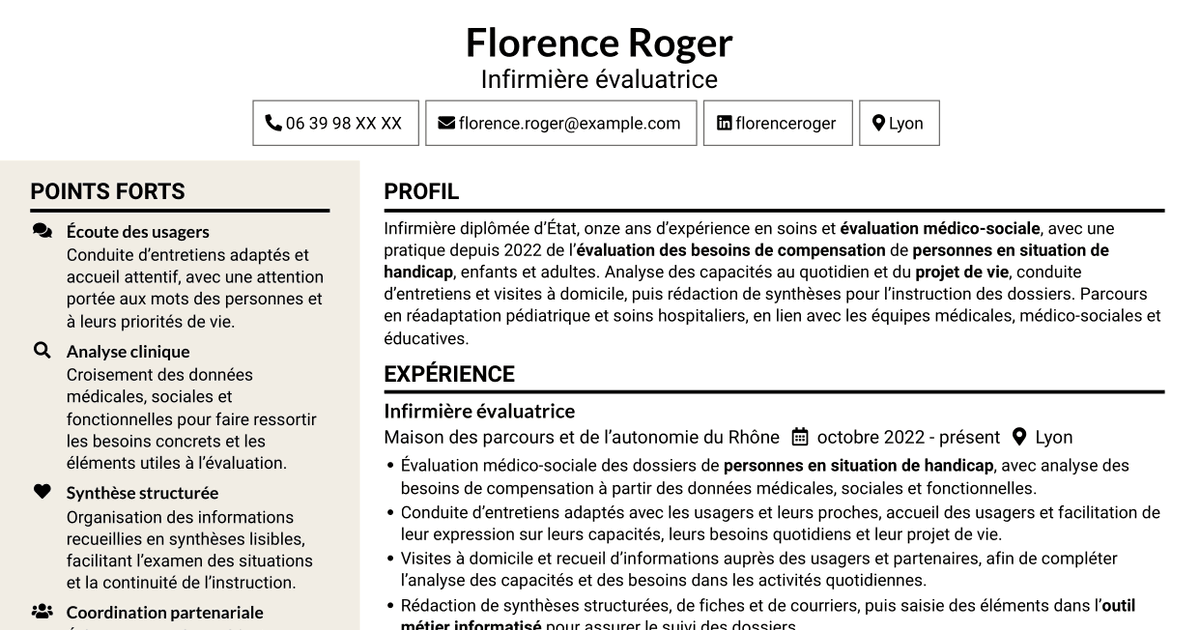 7 modèles de CV pour Infirmière évaluatrice - Évaluation des besoins de compensation, avec exemples