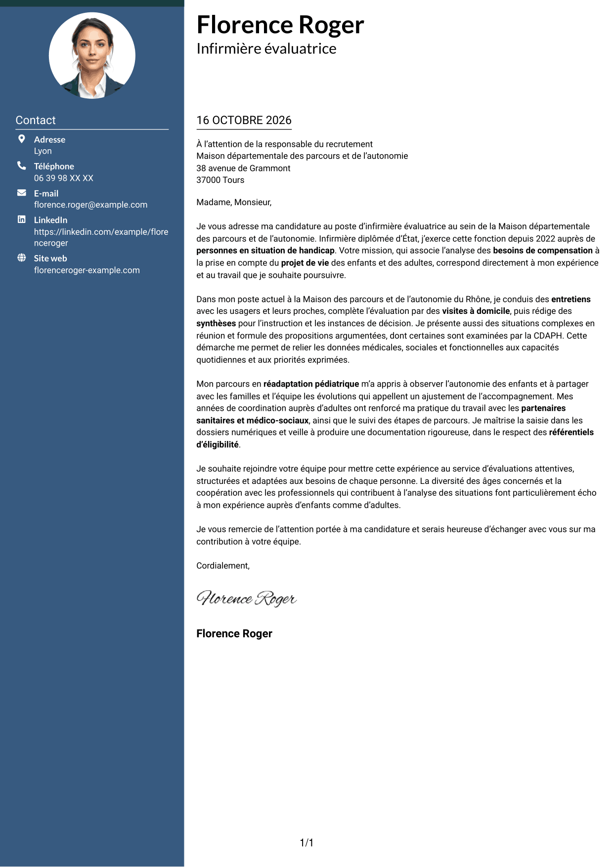 Lettre de motivation Élégant (format à colonne latérale colorée avec photo) : Infirmière évaluatrice - Évaluation des besoins de compensation, page 1