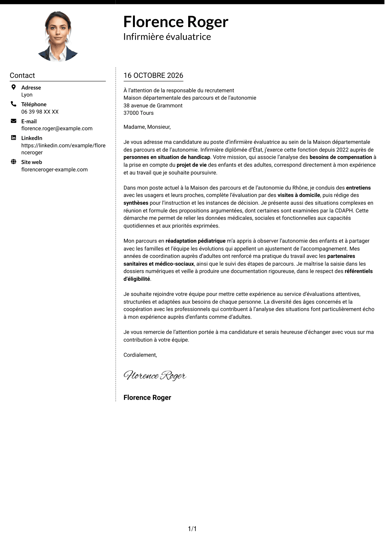 Lettre de motivation Moderne (format à deux colonnes avec photo à gauche et séparateur) : Infirmière évaluatrice - Évaluation des besoins de compensation, page 1
