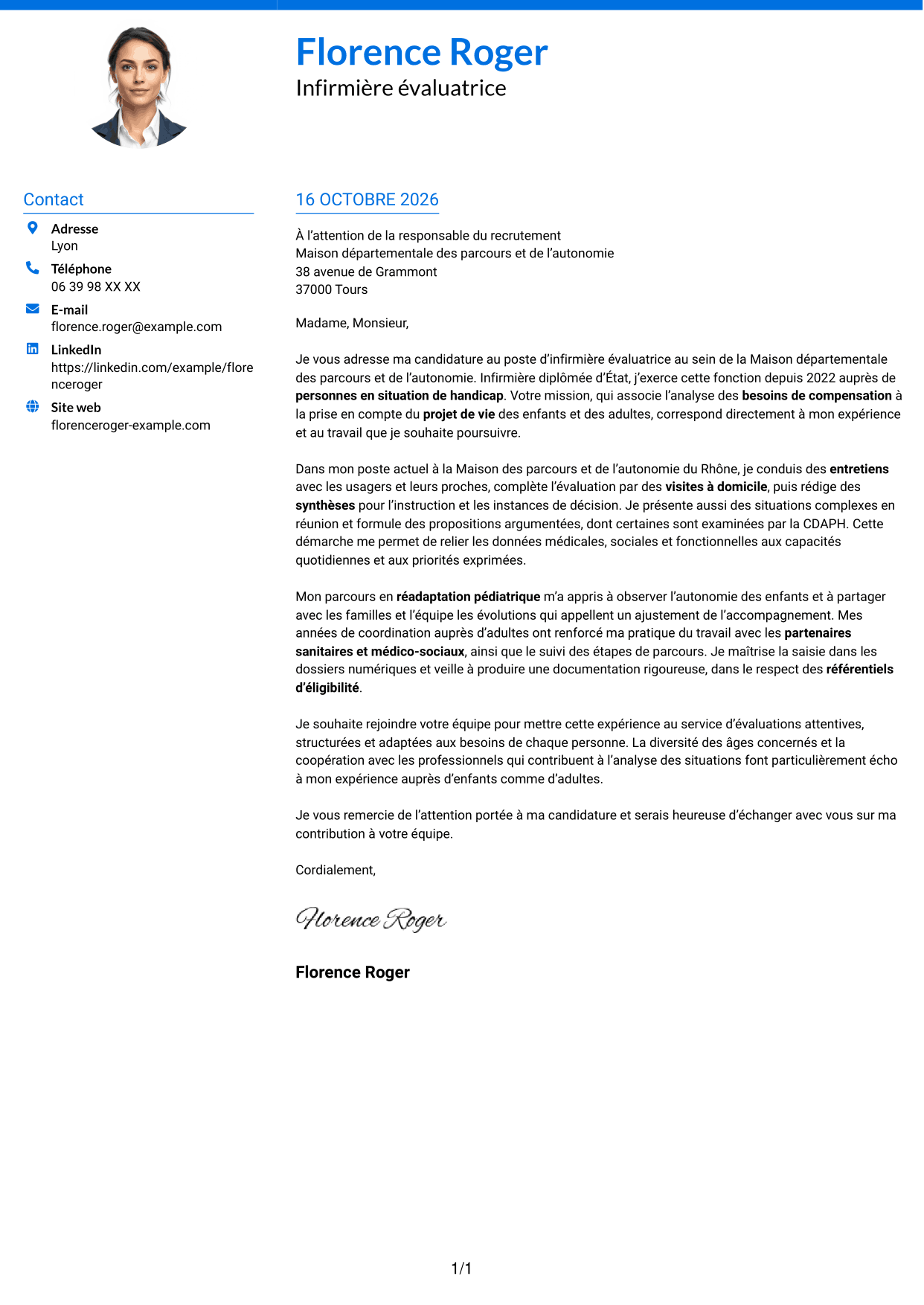 Lettre de motivation Audacieux (format à deux colonnes avec accents colorés et photo) : Infirmière évaluatrice - Évaluation des besoins de compensation, page 1