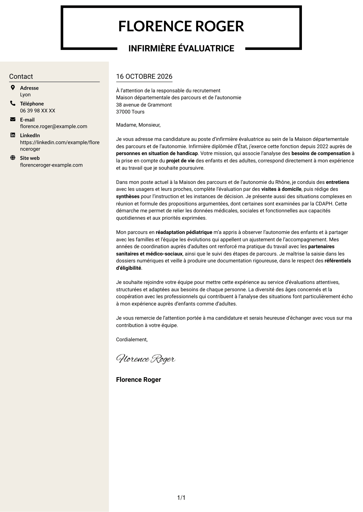 Lettre de motivation Fonceur (format à deux colonnes avec en-tête centré sans photo) : Infirmière évaluatrice - Évaluation des besoins de compensation, page 1