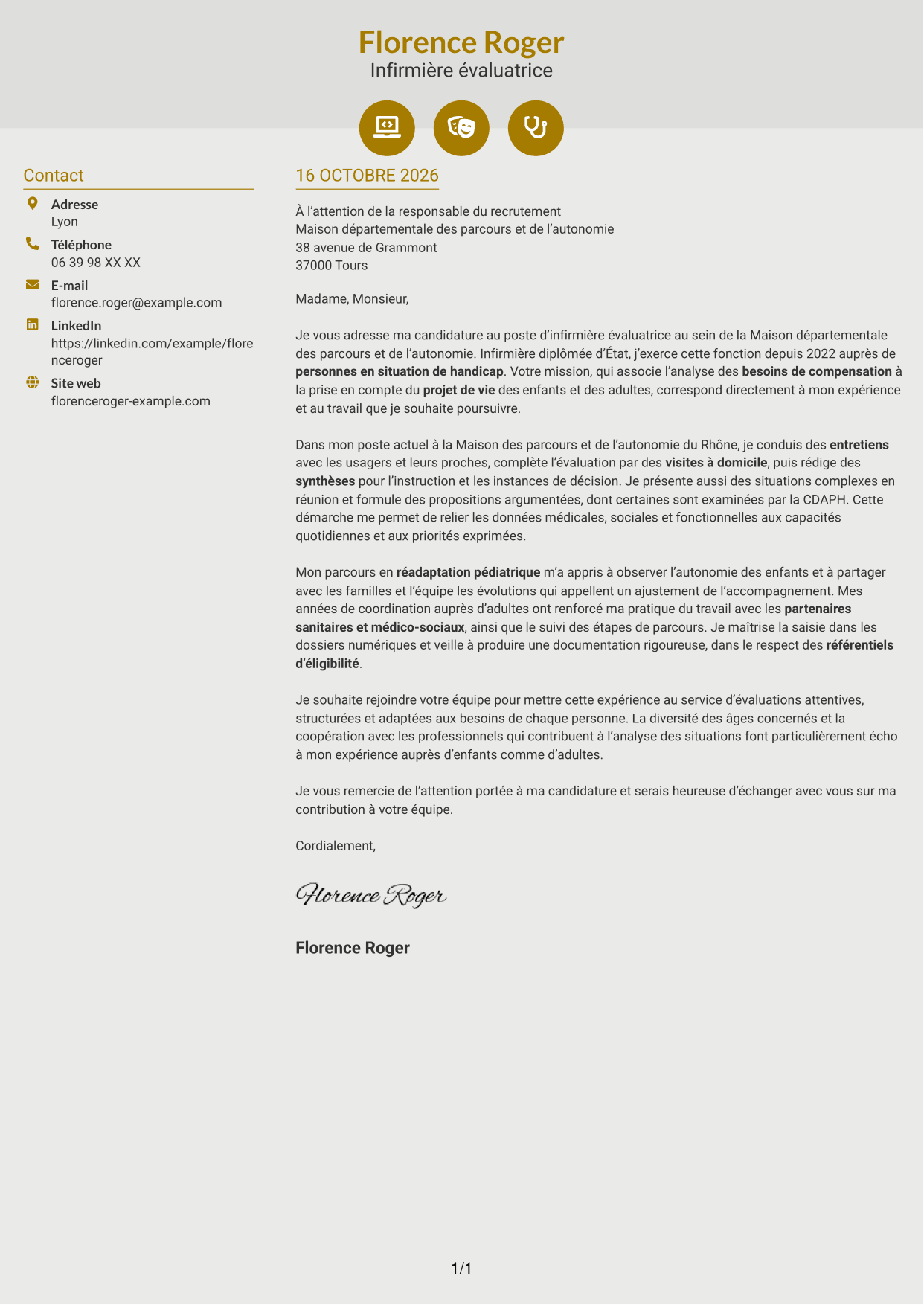 Lettre de motivation Dynamique (format à deux colonnes avec icônes) : Infirmière évaluatrice - Évaluation des besoins de compensation, page 1