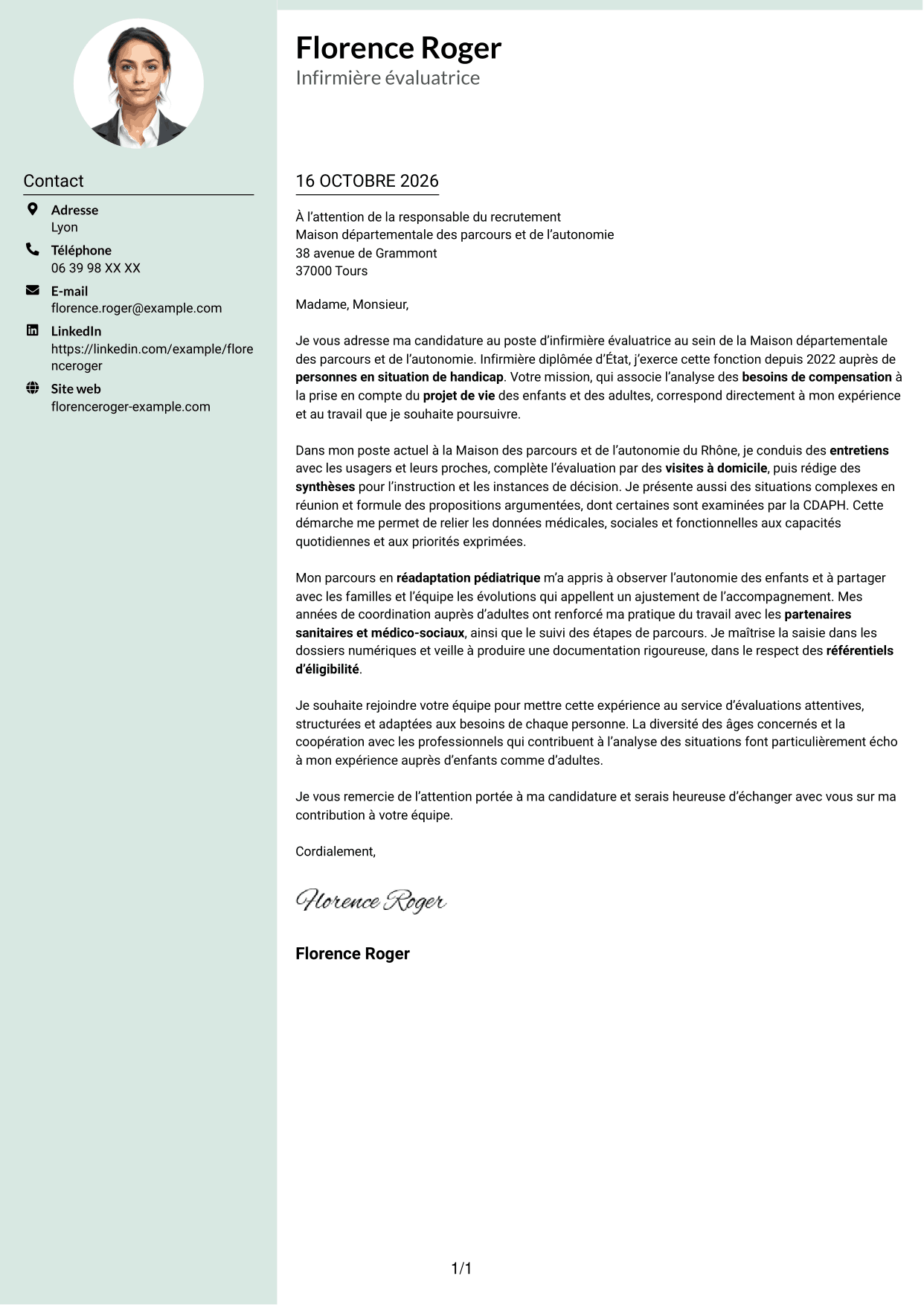 Lettre de motivation Cadre (format à colonne latérale douce avec photo arrondie) : Infirmière évaluatrice - Évaluation des besoins de compensation, page 1