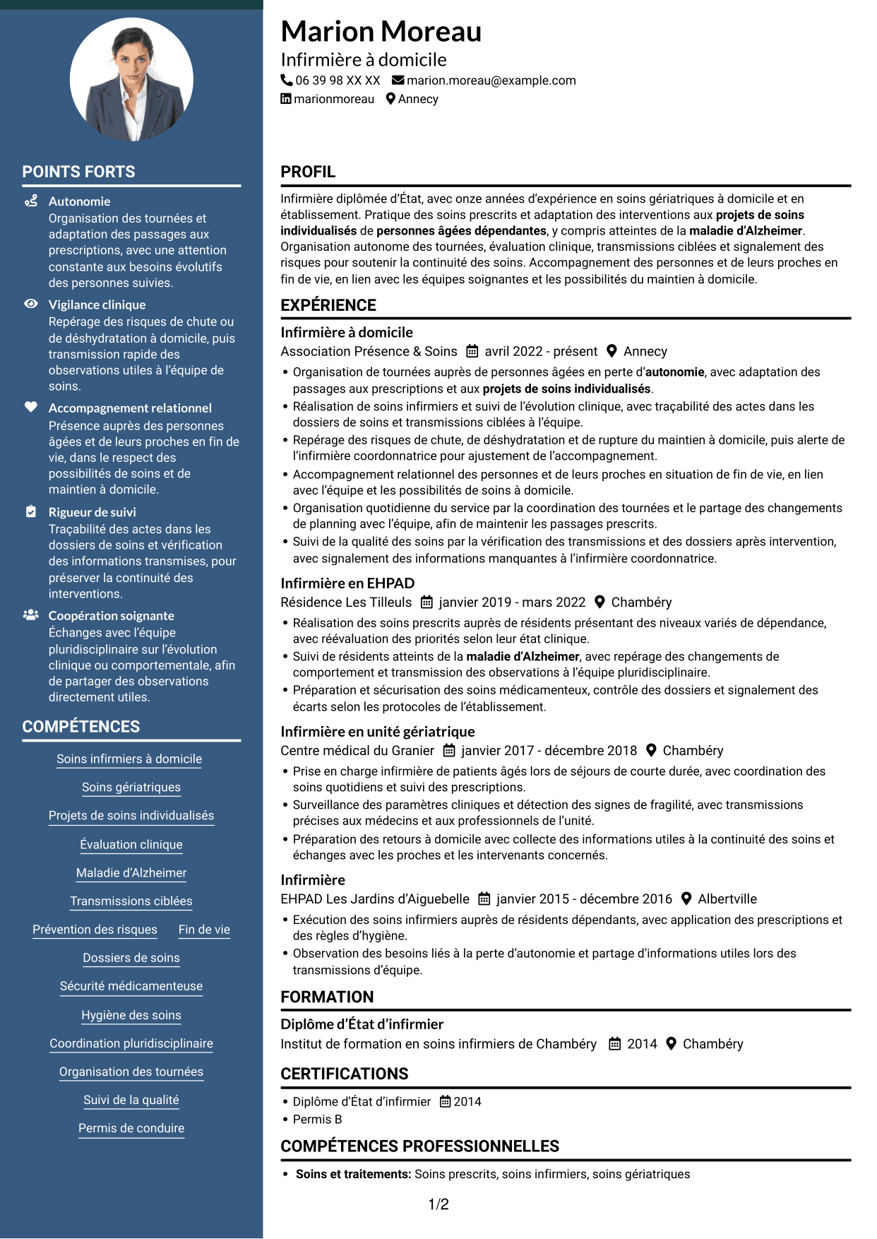 CV Élégant (format à colonne latérale colorée avec photo) : Infirmier à domicile - Soins gériatriques, page 1
