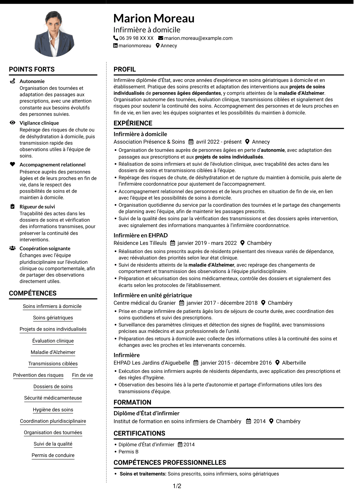 CV Moderne (format à deux colonnes avec photo à gauche et séparateur) : Infirmier à domicile - Soins gériatriques, page 1