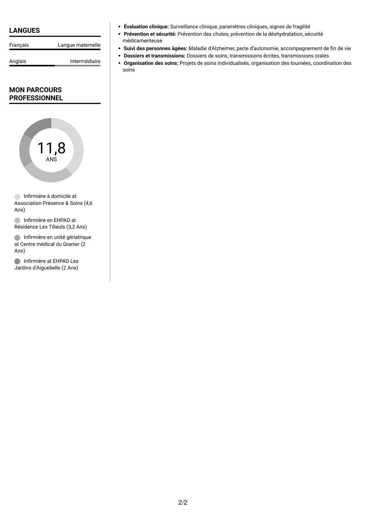 CV Moderne (format à deux colonnes avec photo à gauche et séparateur) : Infirmier à domicile - Soins gériatriques, page 2