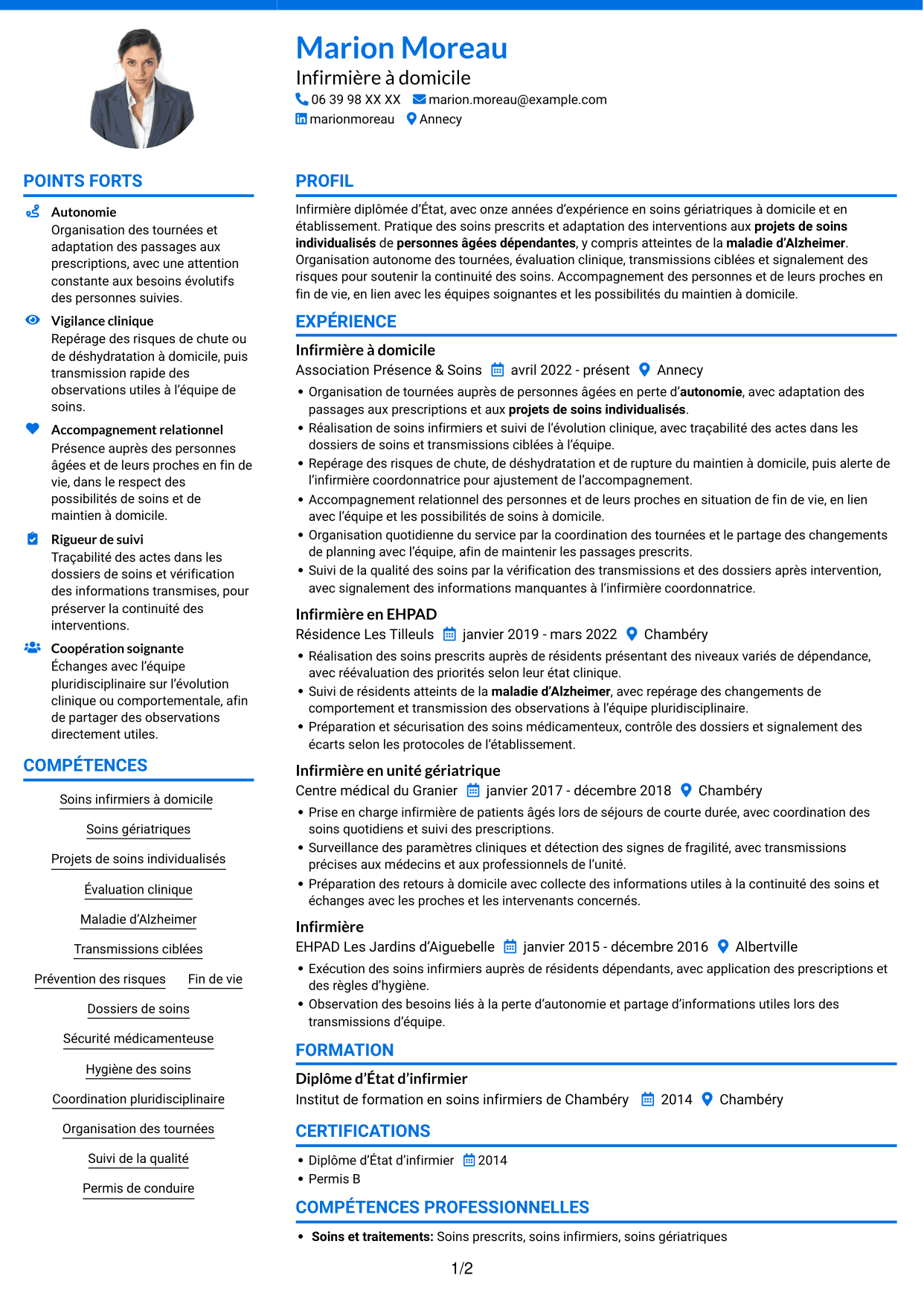 CV Audacieux (format à deux colonnes avec accents colorés et photo) : Infirmier à domicile - Soins gériatriques, page 1