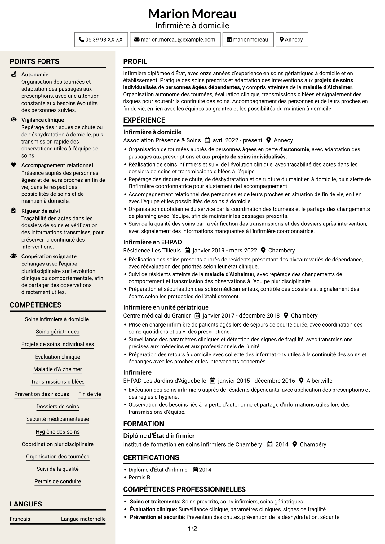 CV Fonceur (format à deux colonnes avec en-tête centré sans photo) : Infirmier à domicile - Soins gériatriques, page 1