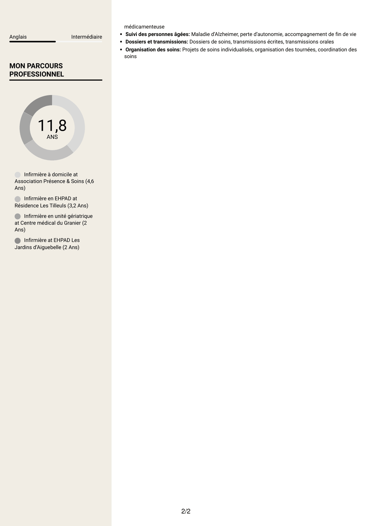 CV Fonceur (format à deux colonnes avec en-tête centré sans photo) : Infirmier à domicile - Soins gériatriques, page 2