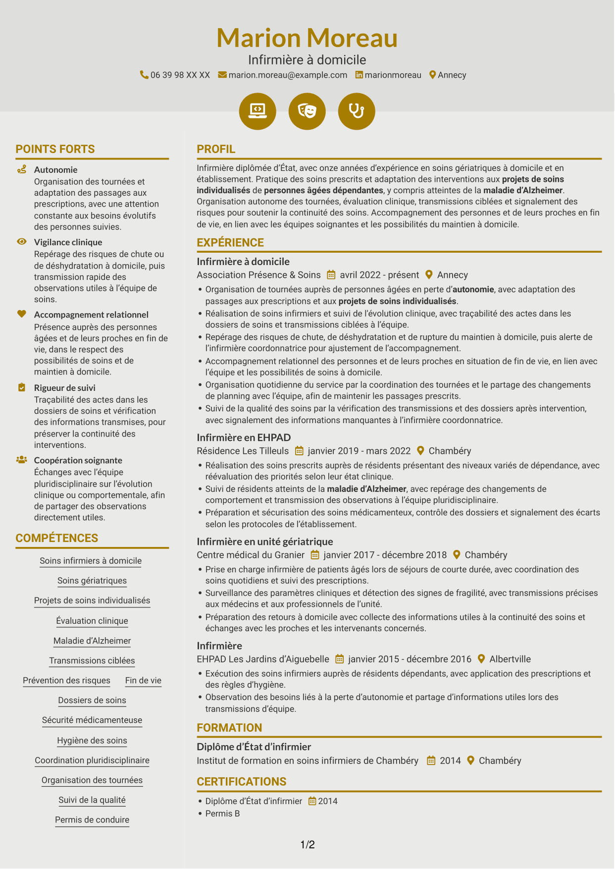 CV Dynamique (format à deux colonnes avec icônes) : Infirmier à domicile - Soins gériatriques, page 1