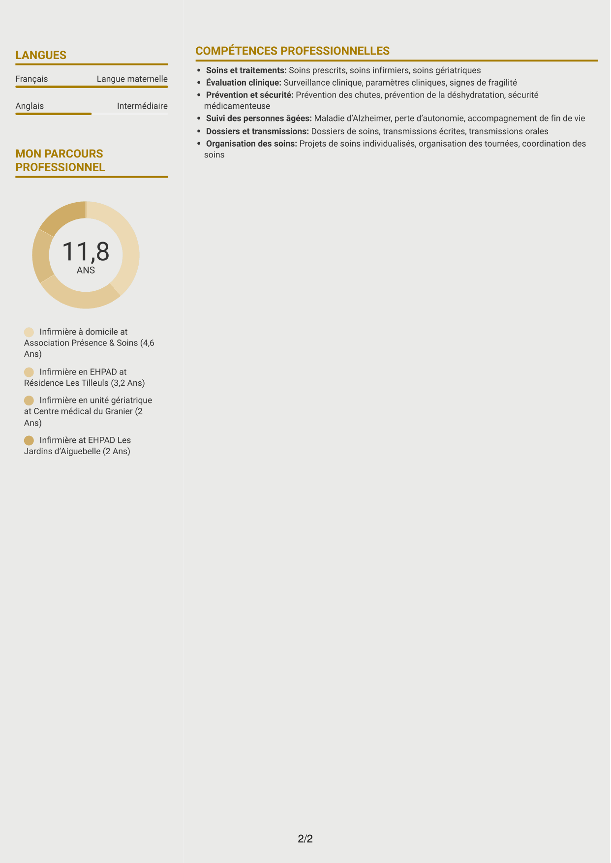 CV Dynamique (format à deux colonnes avec icônes) : Infirmier à domicile - Soins gériatriques, page 2