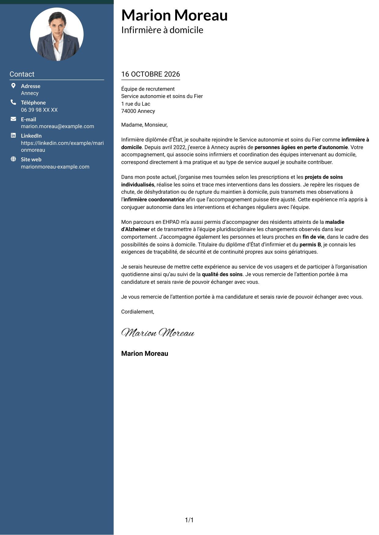 Lettre de motivation Élégant (format à colonne latérale colorée avec photo) : Infirmier à domicile - Soins gériatriques, page 1