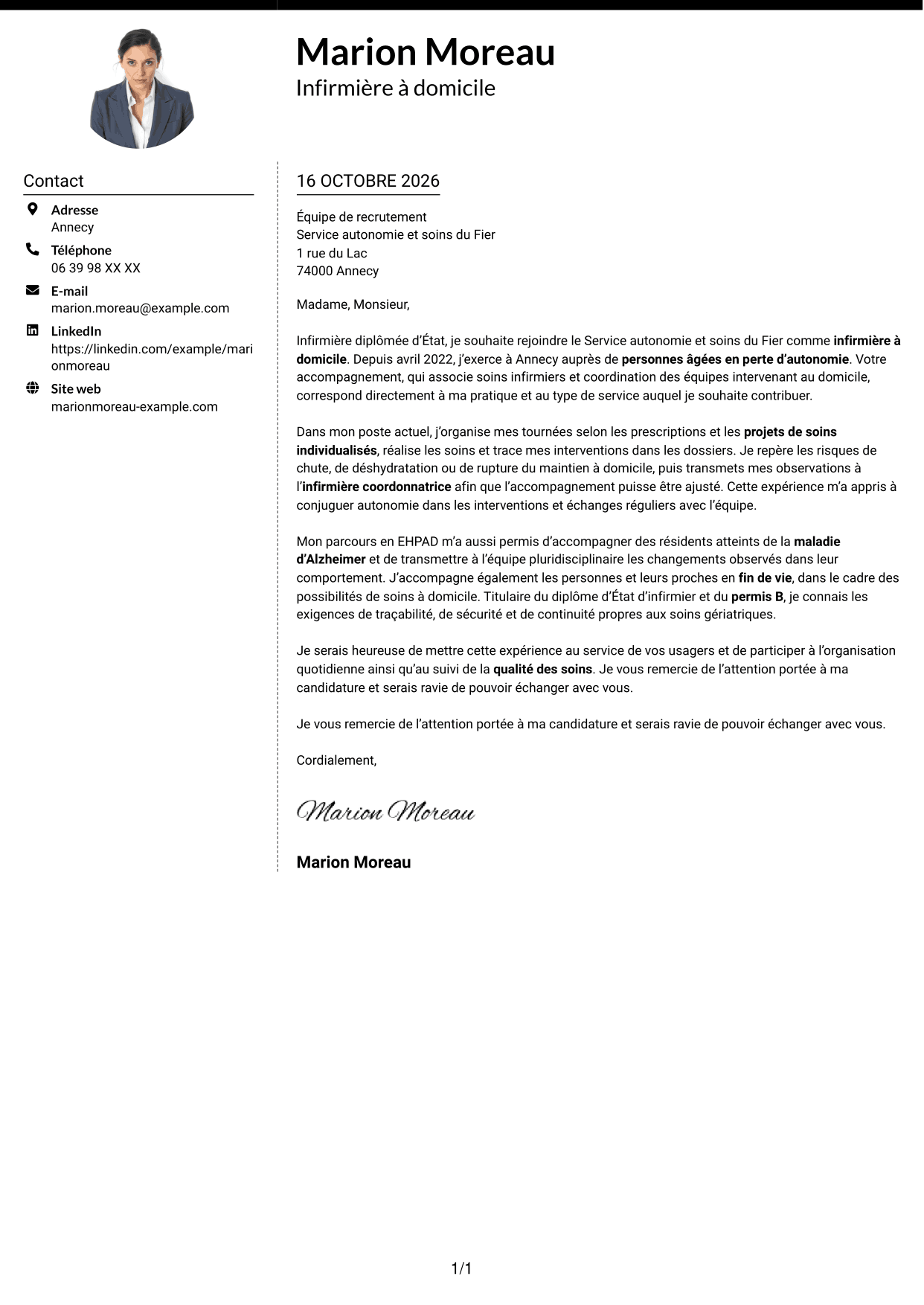 Lettre de motivation Moderne (format à deux colonnes avec photo à gauche et séparateur) : Infirmier à domicile - Soins gériatriques, page 1