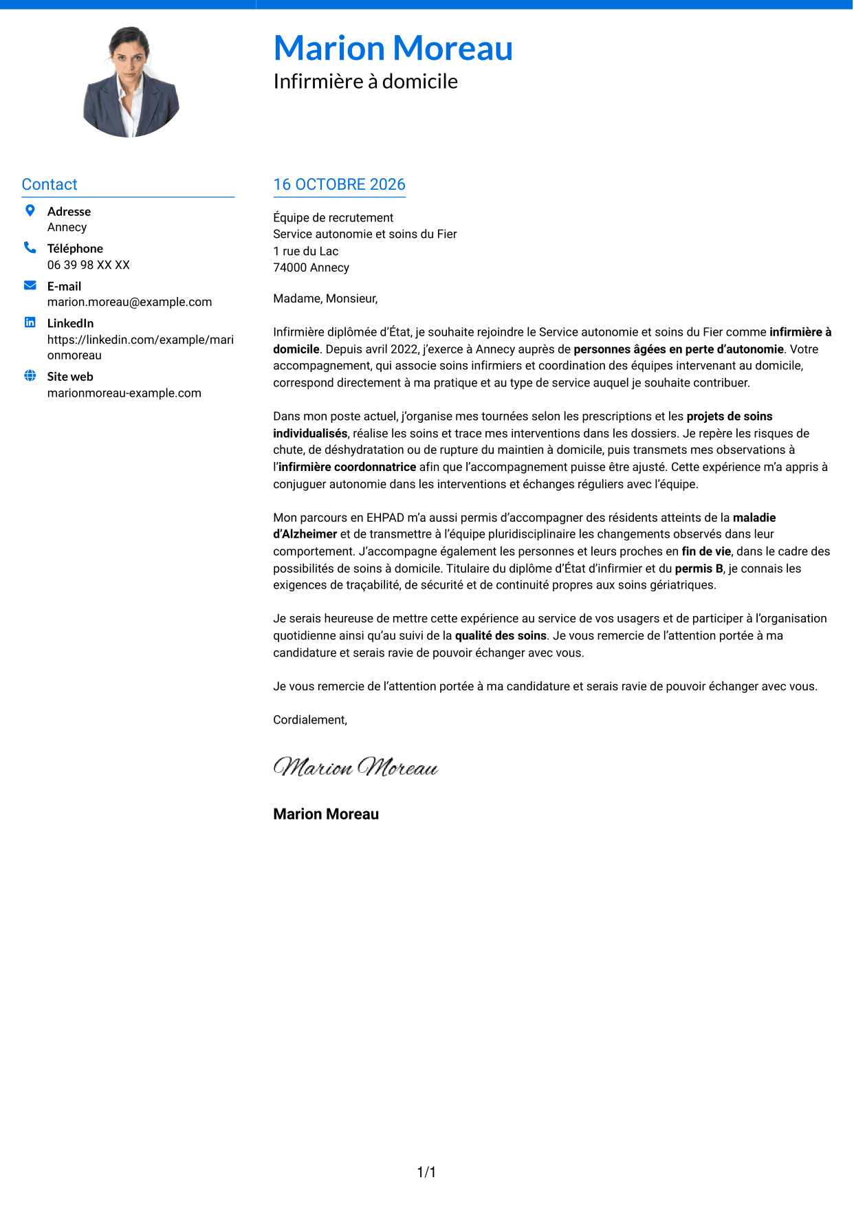 Lettre de motivation Audacieux (format à deux colonnes avec accents colorés et photo) : Infirmier à domicile - Soins gériatriques, page 1