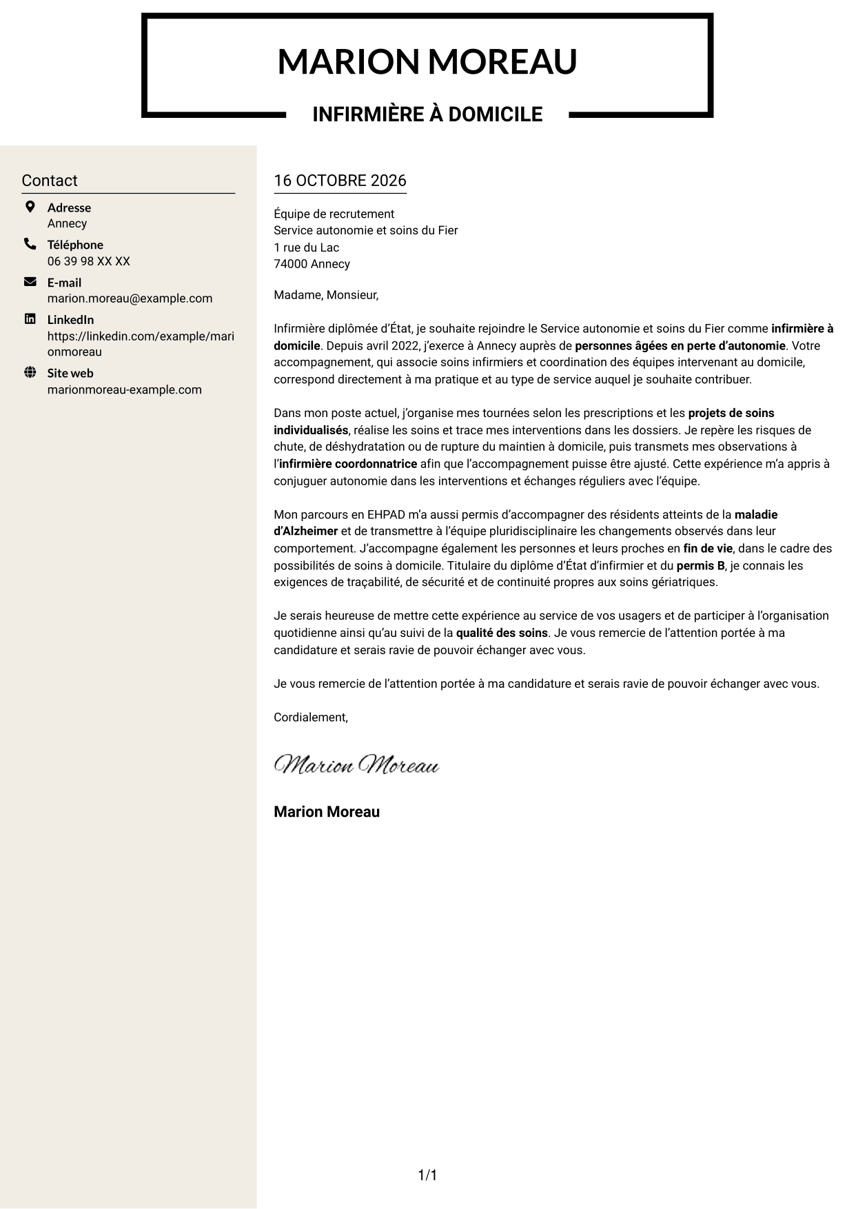 Lettre de motivation Fonceur (format à deux colonnes avec en-tête centré sans photo) : Infirmier à domicile - Soins gériatriques, page 1