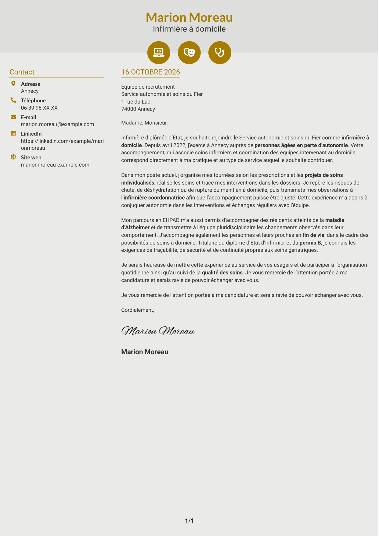 Lettre de motivation Dynamique (format à deux colonnes avec icônes) : Infirmier à domicile - Soins gériatriques, page 1