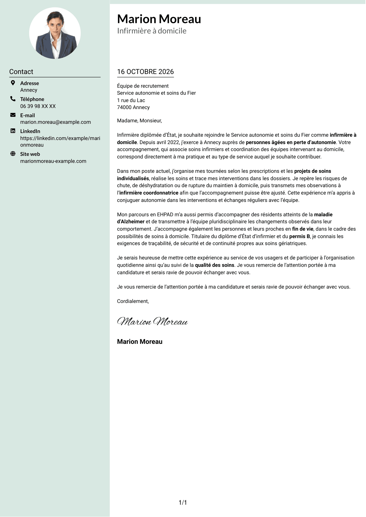Lettre de motivation Cadre (format à colonne latérale douce avec photo arrondie) : Infirmier à domicile - Soins gériatriques, page 1