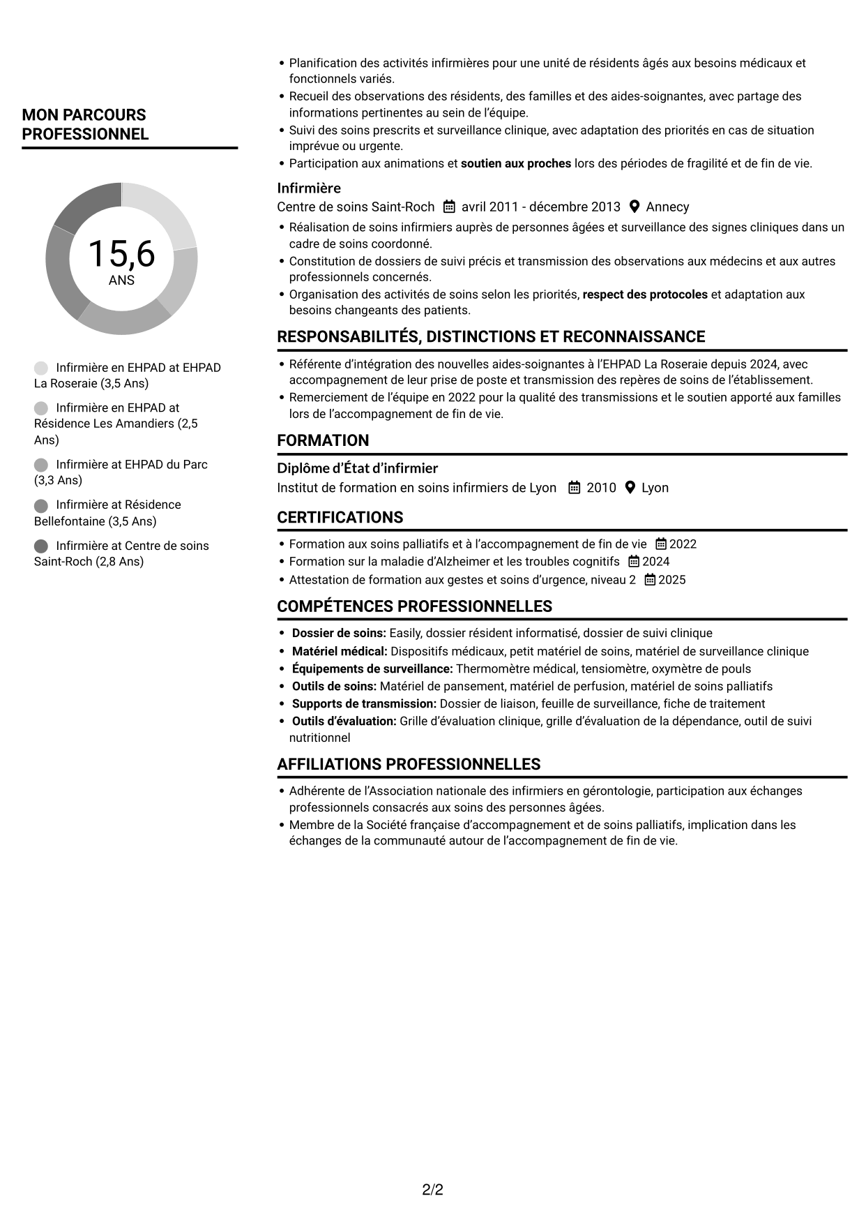 CV Compact (format sobre à deux colonnes avec photo) : Infirmier en EHPAD - Gérontologie, page 2