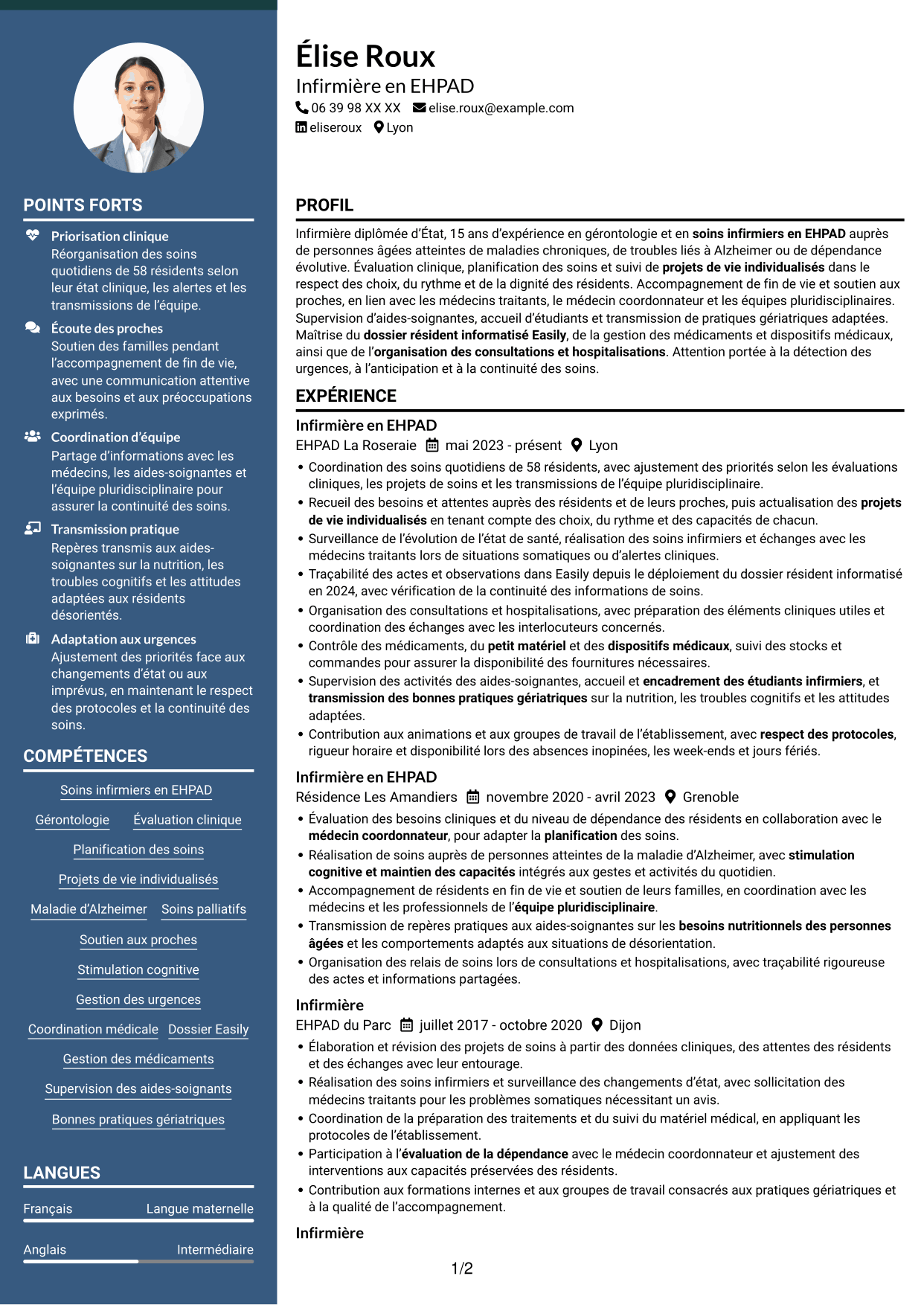 CV Élégant (format à colonne latérale colorée avec photo) : Infirmier en EHPAD - Gérontologie, page 1