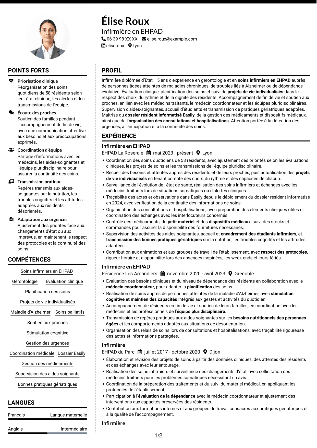 CV Moderne (format à deux colonnes avec photo à gauche et séparateur) : Infirmier en EHPAD - Gérontologie, page 1
