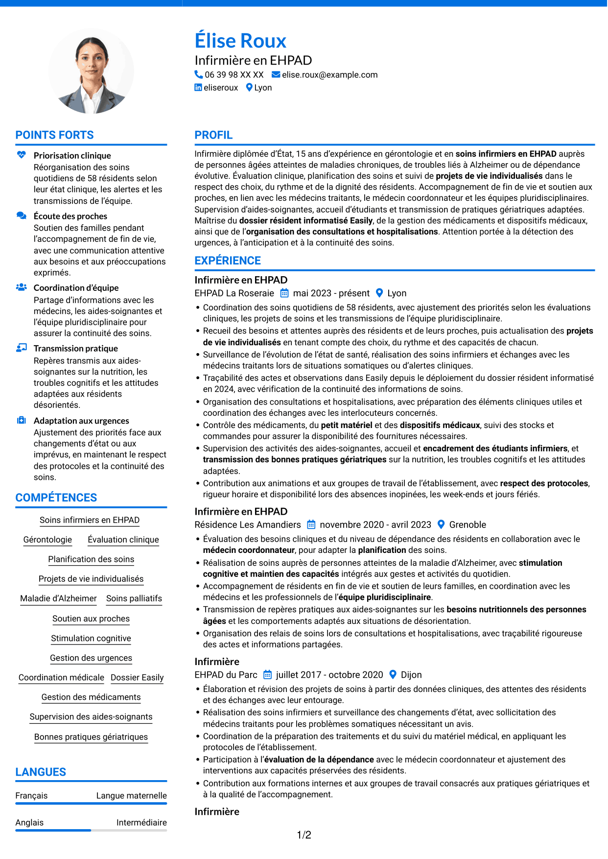 CV Audacieux (format à deux colonnes avec accents colorés et photo) : Infirmier en EHPAD - Gérontologie, page 1