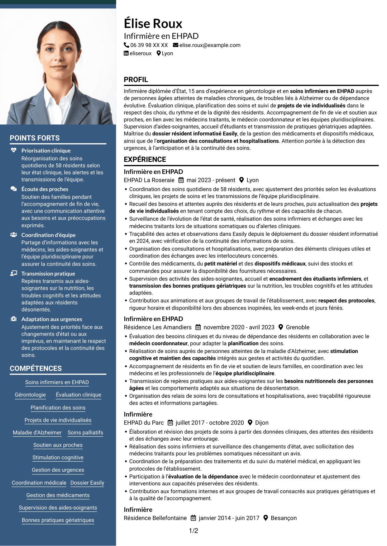 CV Signature (format à colonne latérale colorée avec grande photo) : Infirmier en EHPAD - Gérontologie, page 1
