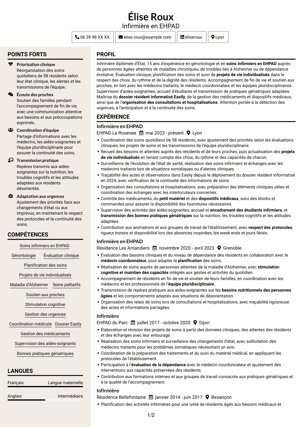 CV Fonceur (format à deux colonnes avec en-tête centré sans photo) : Infirmier en EHPAD - Gérontologie, page 1
