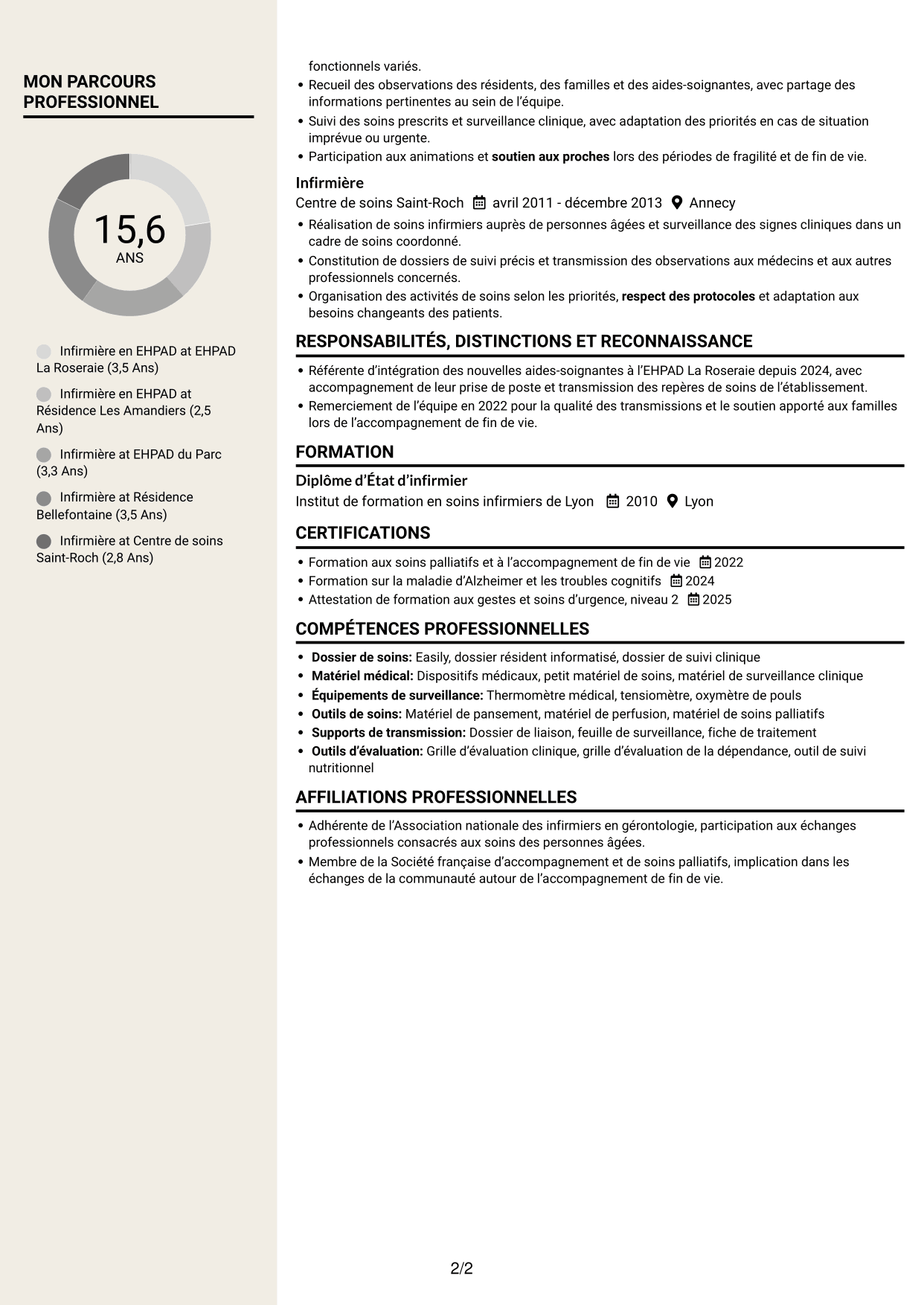 CV Fonceur (format à deux colonnes avec en-tête centré sans photo) : Infirmier en EHPAD - Gérontologie, page 2
